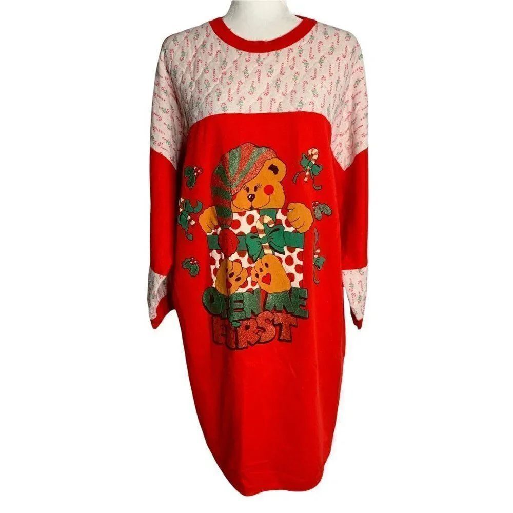 VintageΒ Holiday FleeceβNightshirt XL Red Quilted Crewneck Puffy Bear CandyβCane
